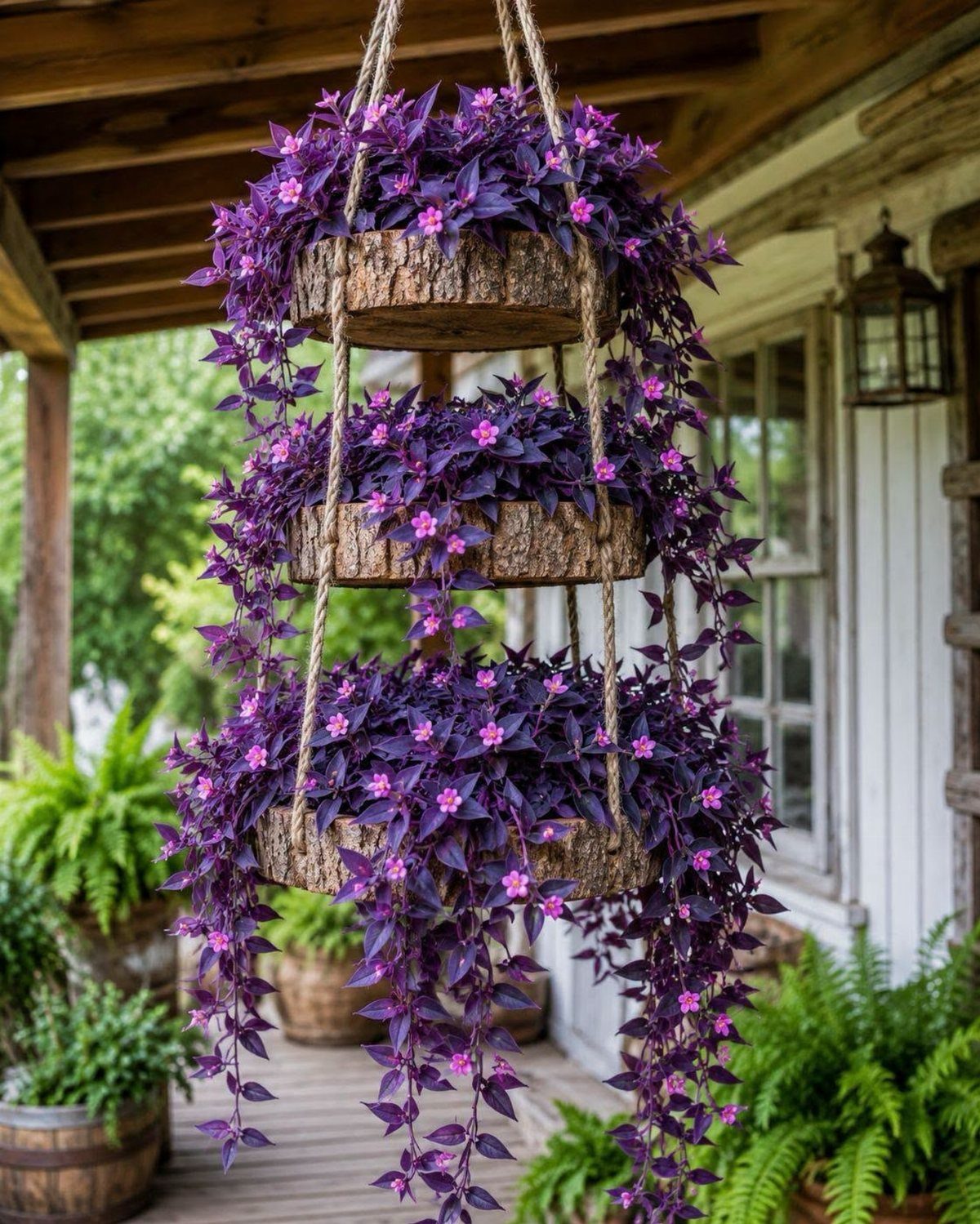 15 Acreage Garden Ideas for Large Land That Works 11 Three wooden hanging baskets filled with trailing purple plants suspended from a wooden porch ceiling.