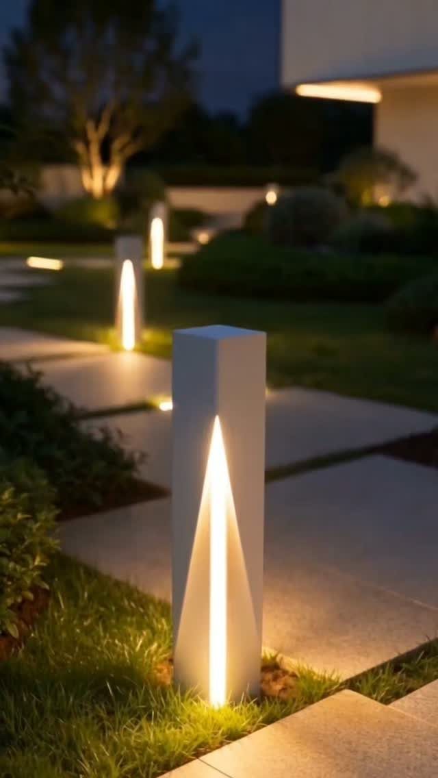 15 Acreage Garden Ideas for Large Land That Works 1 Modern white bollard lights illuminating a stone tile pathway through a dark garden at night.