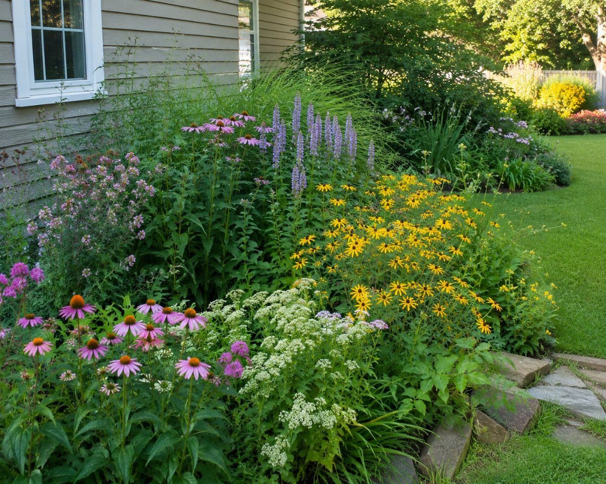15 Acreage Garden Ideas for Large Land That Works 8 Wildflowers such as coneflowers and black-eyed Susans blooming in a lush garden bed next to a house.