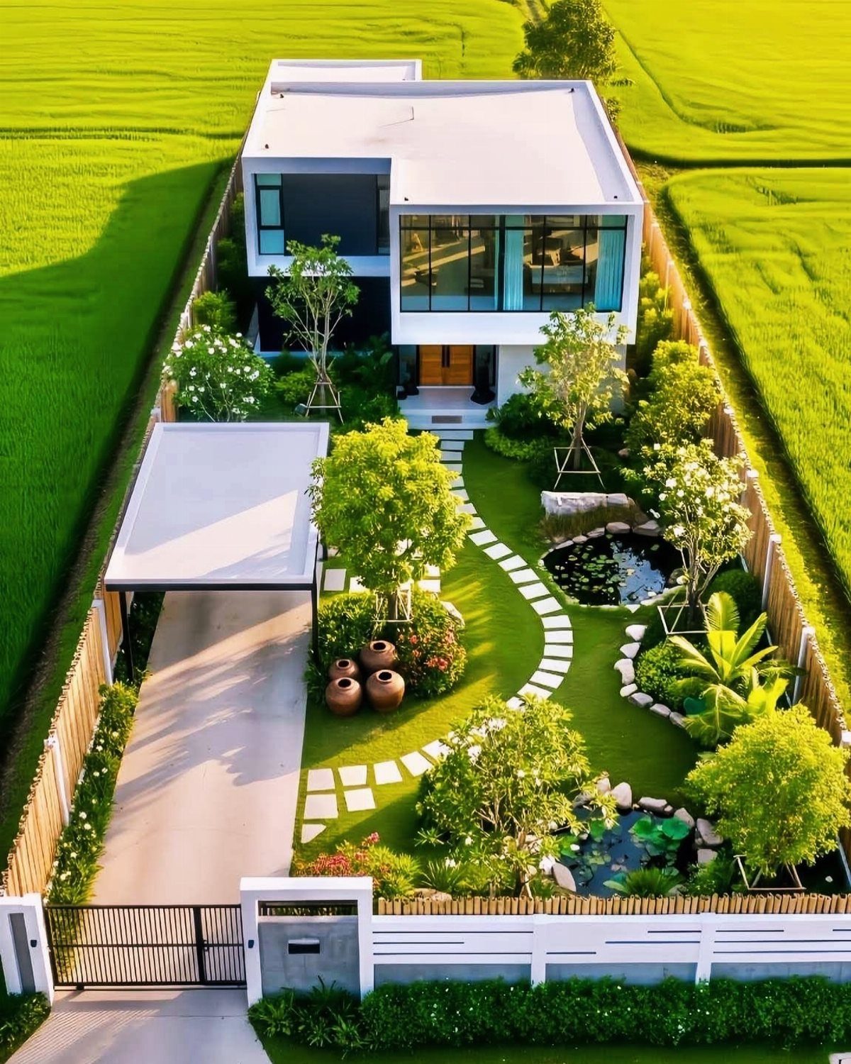15 Acreage Garden Ideas for Large Land That Works 3 Modern white house with manicured green lawns, stone paths, and small ponds surrounded by fields.