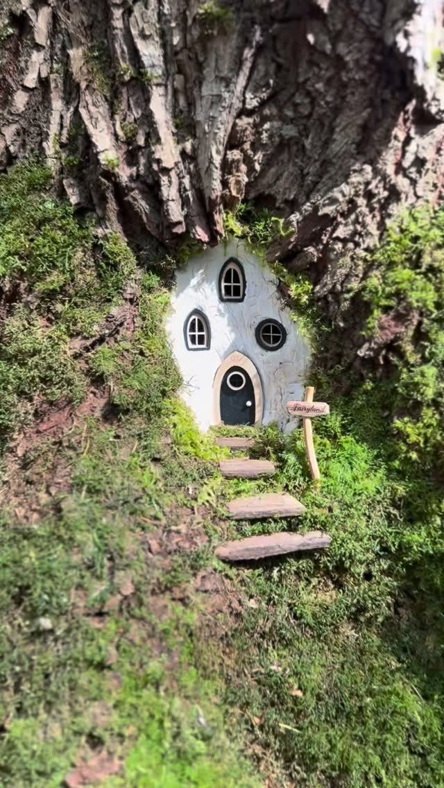 21 Back Garden Ideas from Potagers to Fire Pits 20 A miniature white fairy house nestled in a mossy rock crevice with tiny wooden steps.
