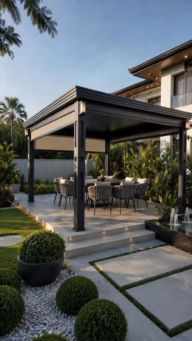 21 Back Garden Ideas from Potagers to Fire Pits 13 A modern dark grey pergola shading a patio dining set surrounded by tropical greenery.
