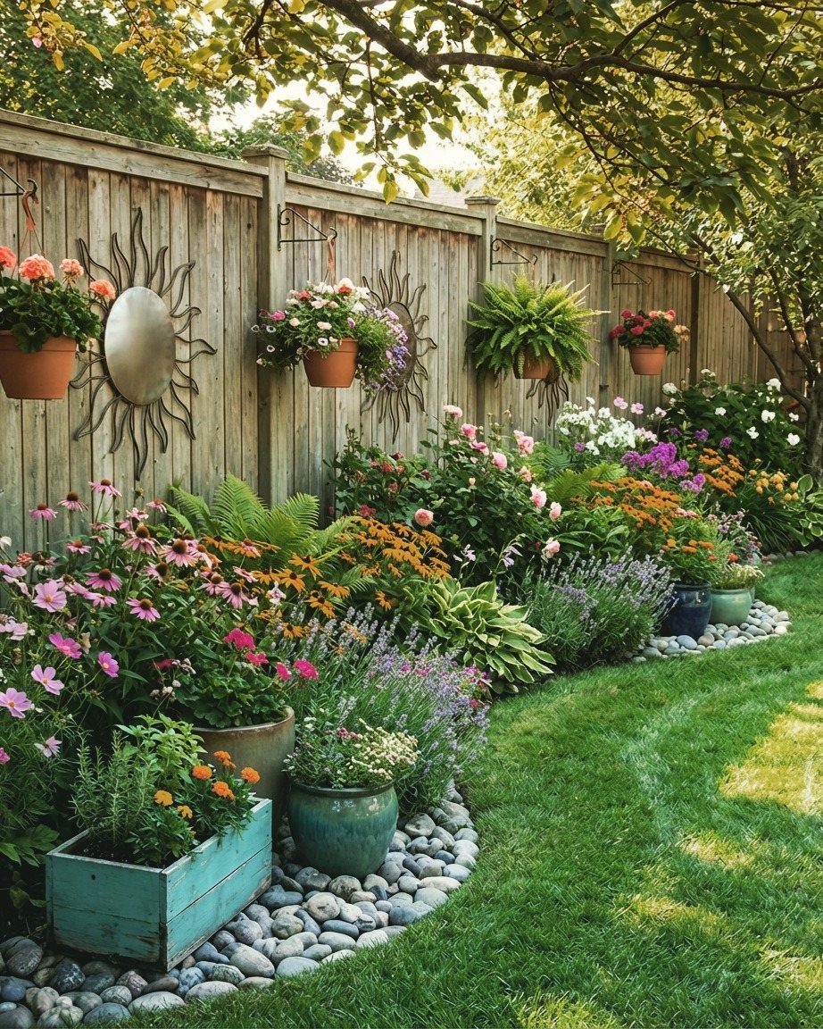 21 Back Garden Ideas from Potagers to Fire Pits 12 Layered garden plants with various heights and colors growing along a wooden fence and stone border.