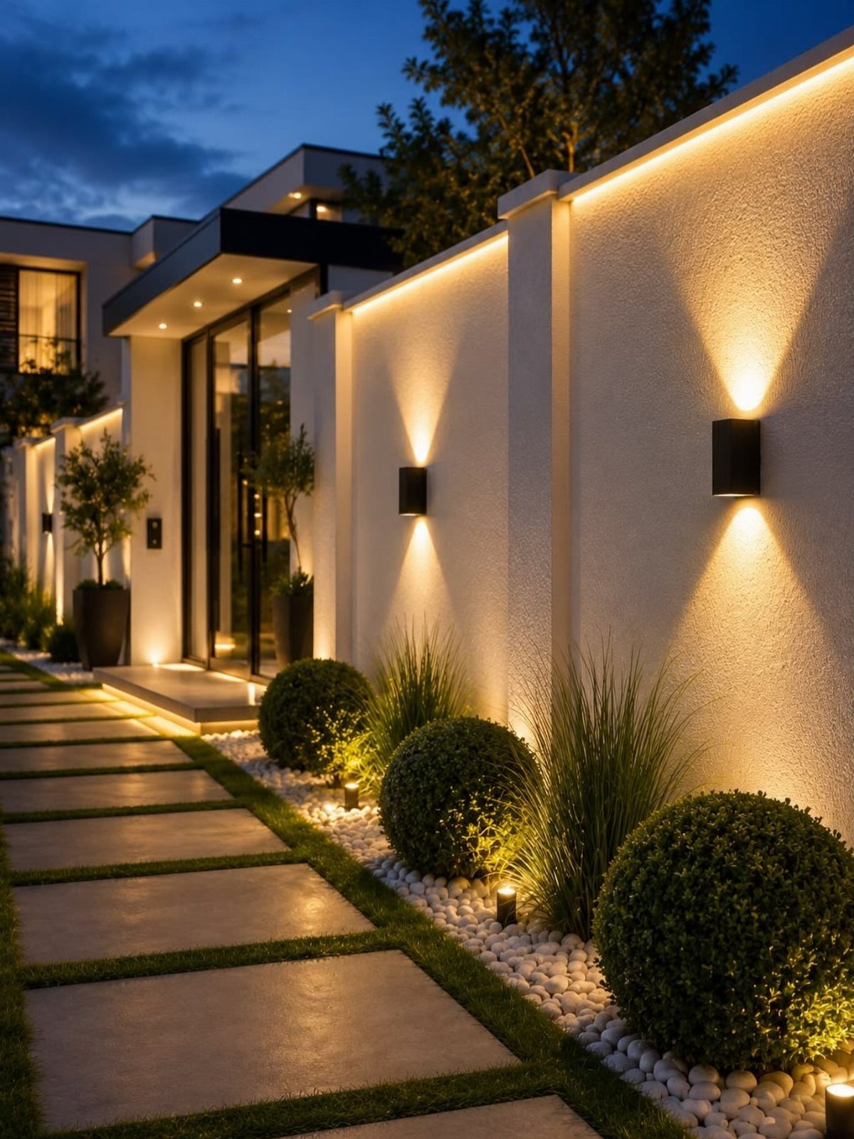 21 Back Garden Ideas from Potagers to Fire Pits 6 Modern outdoor wall sconces illuminating a white textured wall and manicured garden shrubs at dusk.