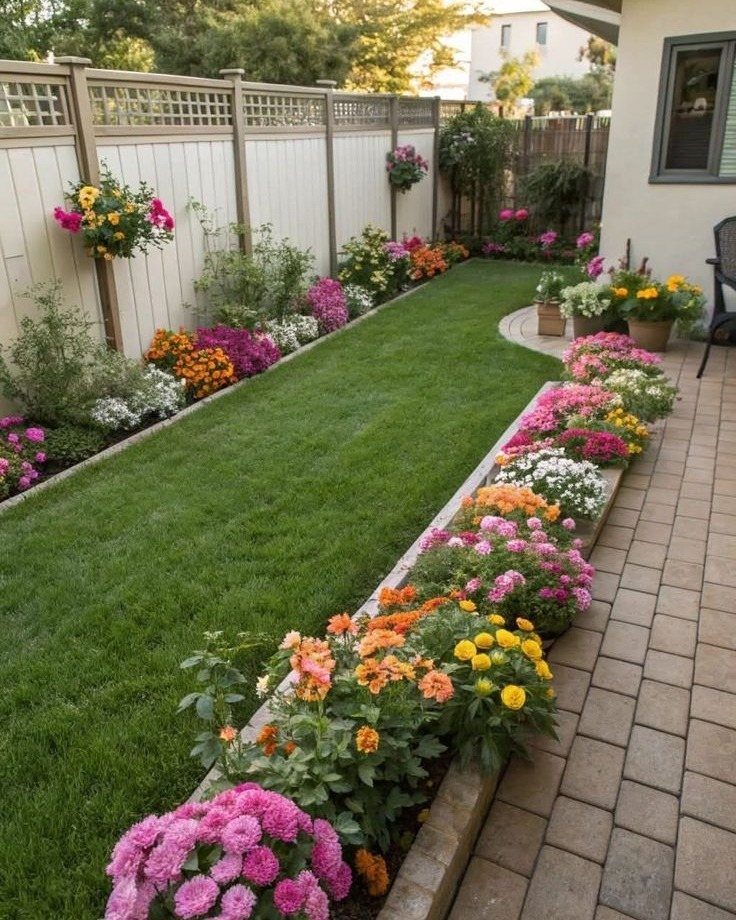 21 Back Garden Ideas from Potagers to Fire Pits 2 A narrow green lawn strip bordered by vibrant, colorful flower beds and a paved walkway.