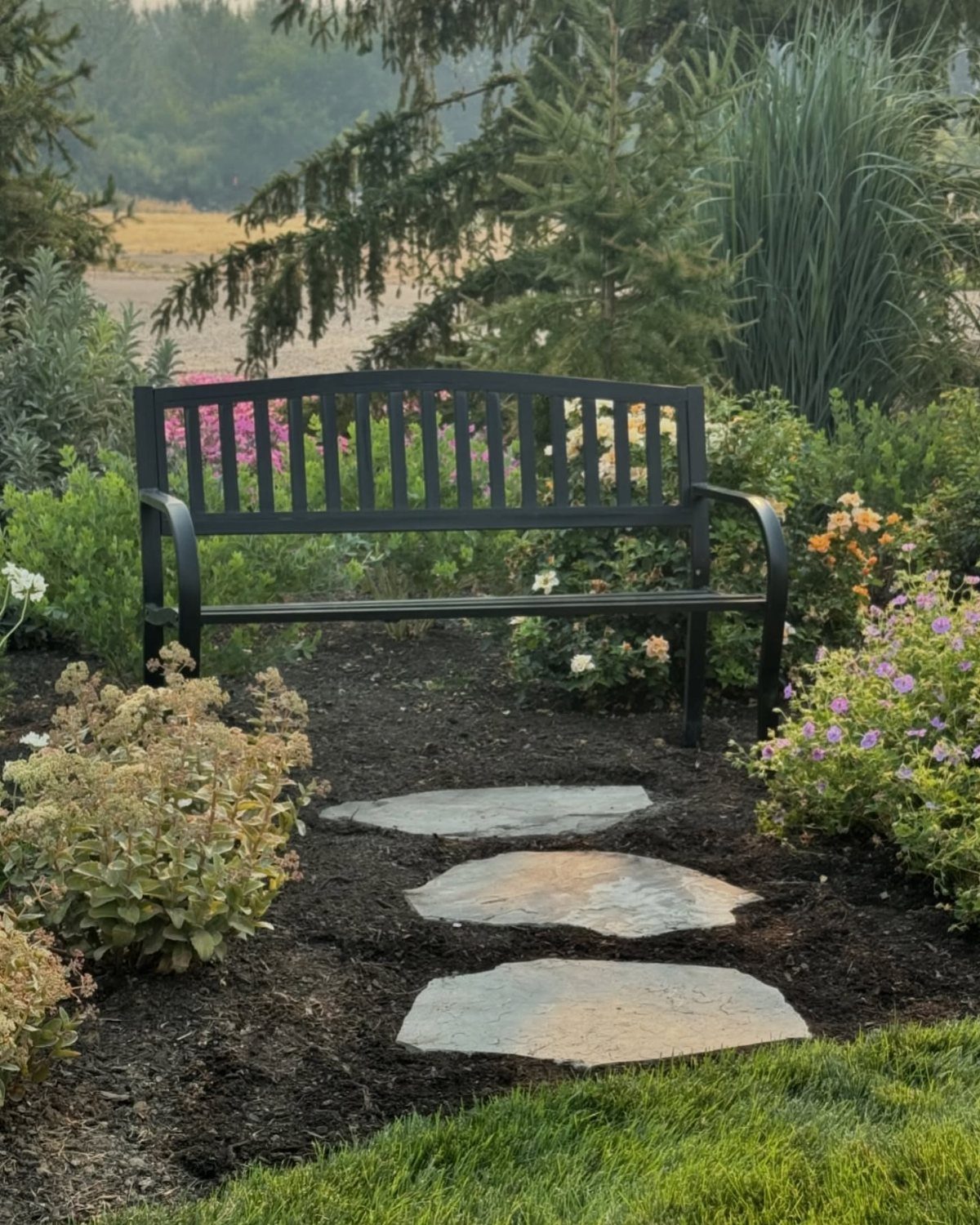21 Back Garden Ideas from Potagers to Fire Pits 15 Black metal garden bench positioned amidst blooming flowers and a stone stepping stone path.