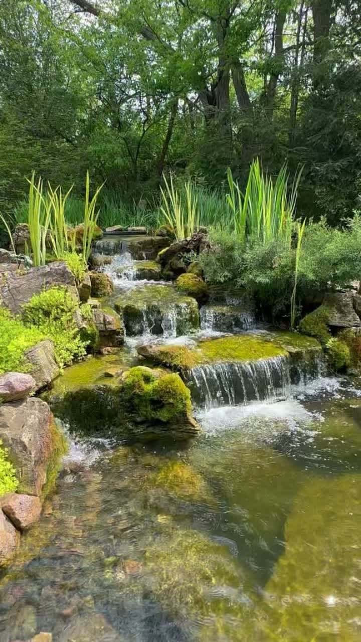 21 Back Garden Ideas from Potagers to Fire Pits 7 A tiered stone waterfall cascading into a clear garden pond surrounded by lush green plants.
