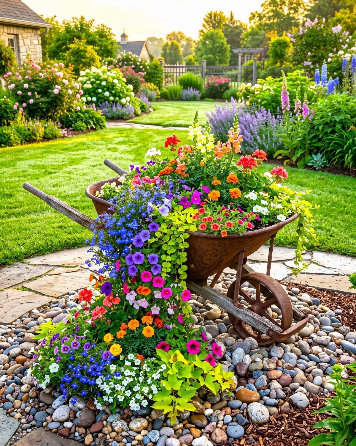 21 Back Garden Ideas from Potagers to Fire Pits 21 A rustic metal wheelbarrow overflowing with colorful blooming flowers sitting on a bed of river stones.