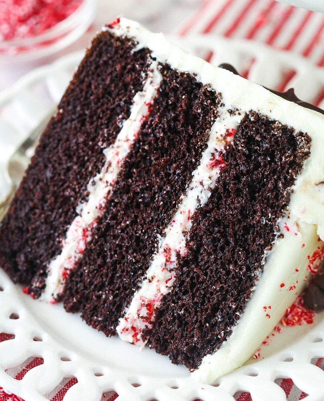 12 Beautiful Christmas Cake Ideas That Rival Bakery Work 4 A slice of dark chocolate cake with white peppermint frosting and red peppermint sprinkles on a white plate.