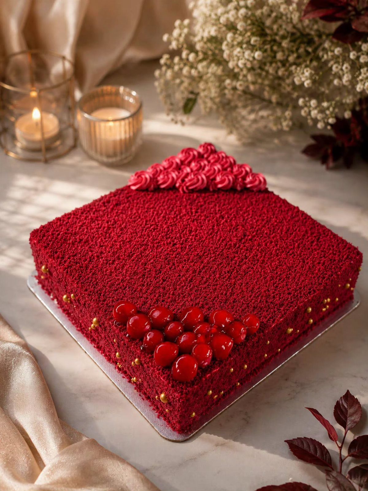 12 Beautiful Christmas Cake Ideas That Rival Bakery Work 6 Square red velvet cake decorated with red frosting roses, cherries, and gold sprinkles on a marble surface.