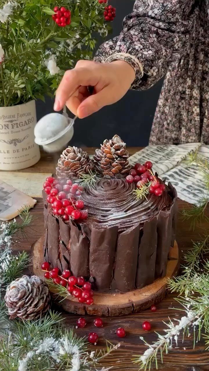 12 Beautiful Christmas Cake Ideas That Rival Bakery Work 10 Chocolate cake decorated with chocolate shards, pinecones, and red berries being dusted with powdered sugar.
