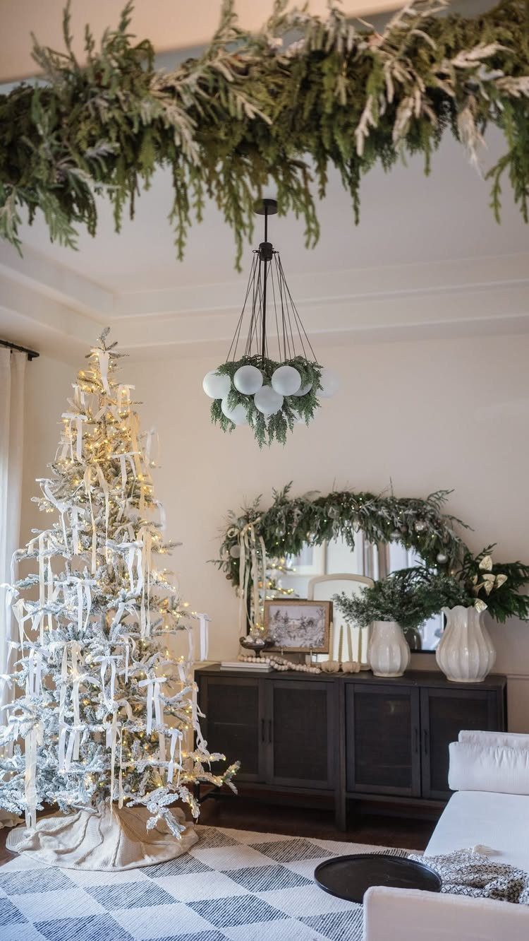 14 Beautiful Christmas Tree Decorations and How to Style Them 9 White Christmas tree decorated with ribbons and lights in a bright living room.