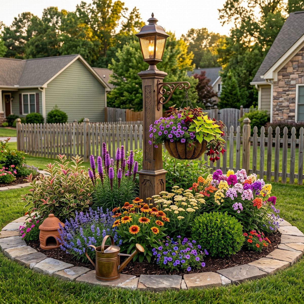 17 Cheap Yard Ideas for a Better Front or Back Garden 5 A vibrant circular flower bed with colorful blooms and a central lamp post.