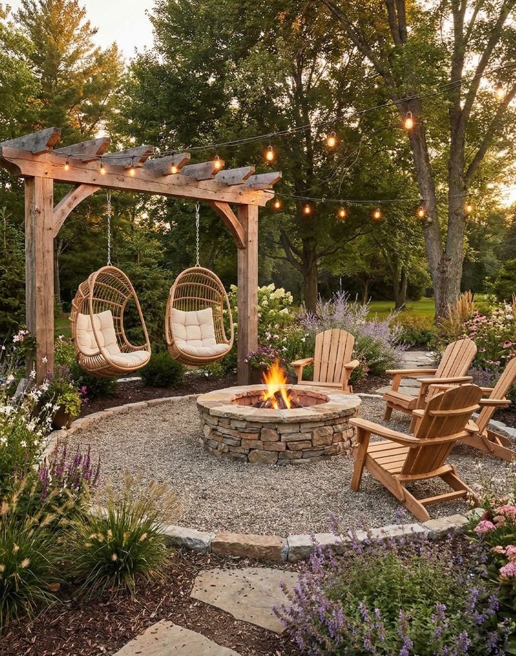 17 Cheap Yard Ideas for a Better Front or Back Garden 10 A stone fire pit with a bright flame surrounded by wooden chairs and lush garden greenery.