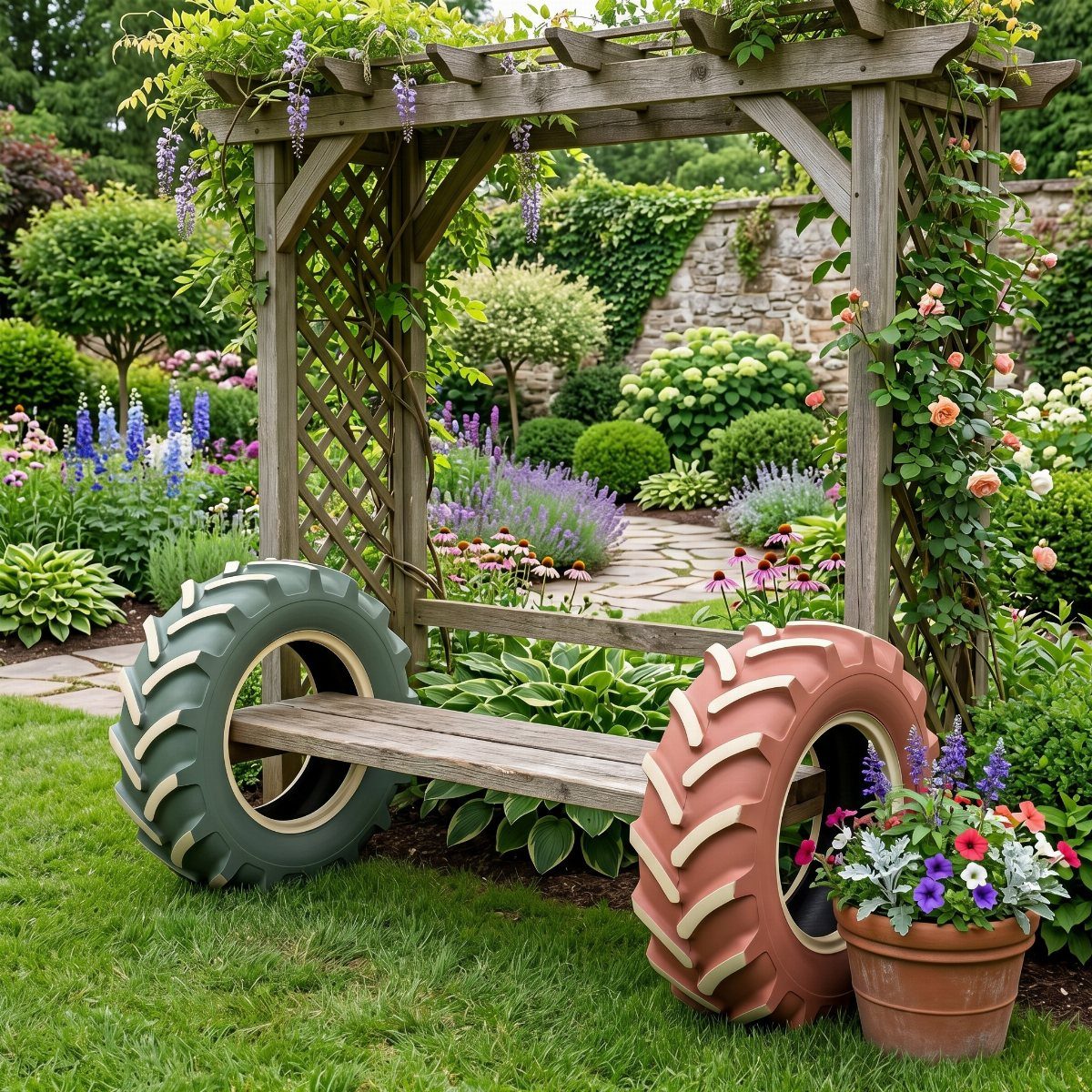 17 Cheap Yard Ideas for a Better Front or Back Garden 11 A unique garden bench constructed from two large tractor tires and a wooden plank seat.