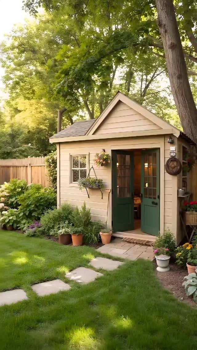 17 Cheap Yard Ideas for a Better Front or Back Garden 8 A tan garden shed with green doors surrounded by lush green plants and stepping stones.