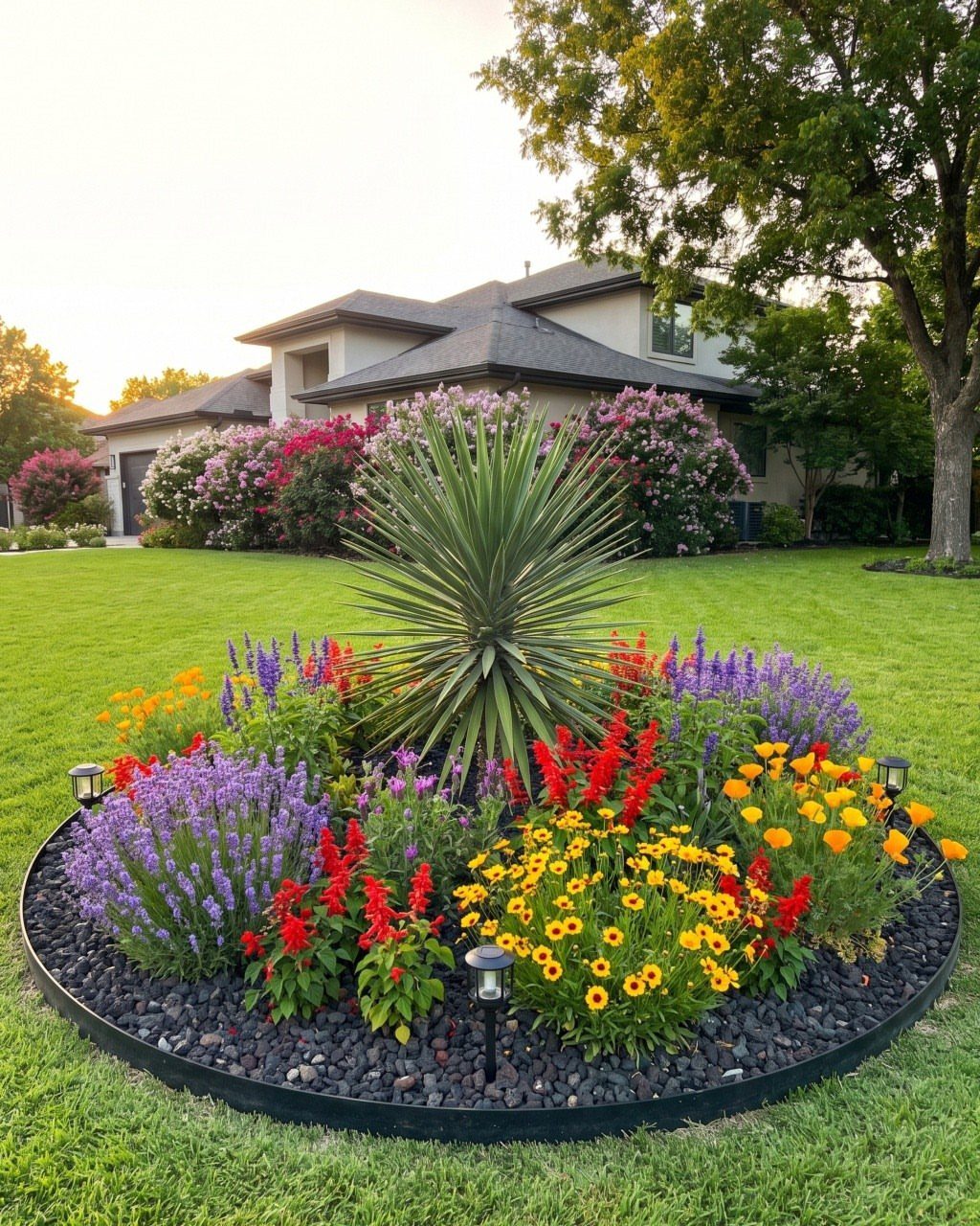 17 Cheap Yard Ideas for a Better Front or Back Garden 16 A vibrant circular garden bed featuring a large spiky yucca surrounded by colorful purple, yellow, and red flowers.