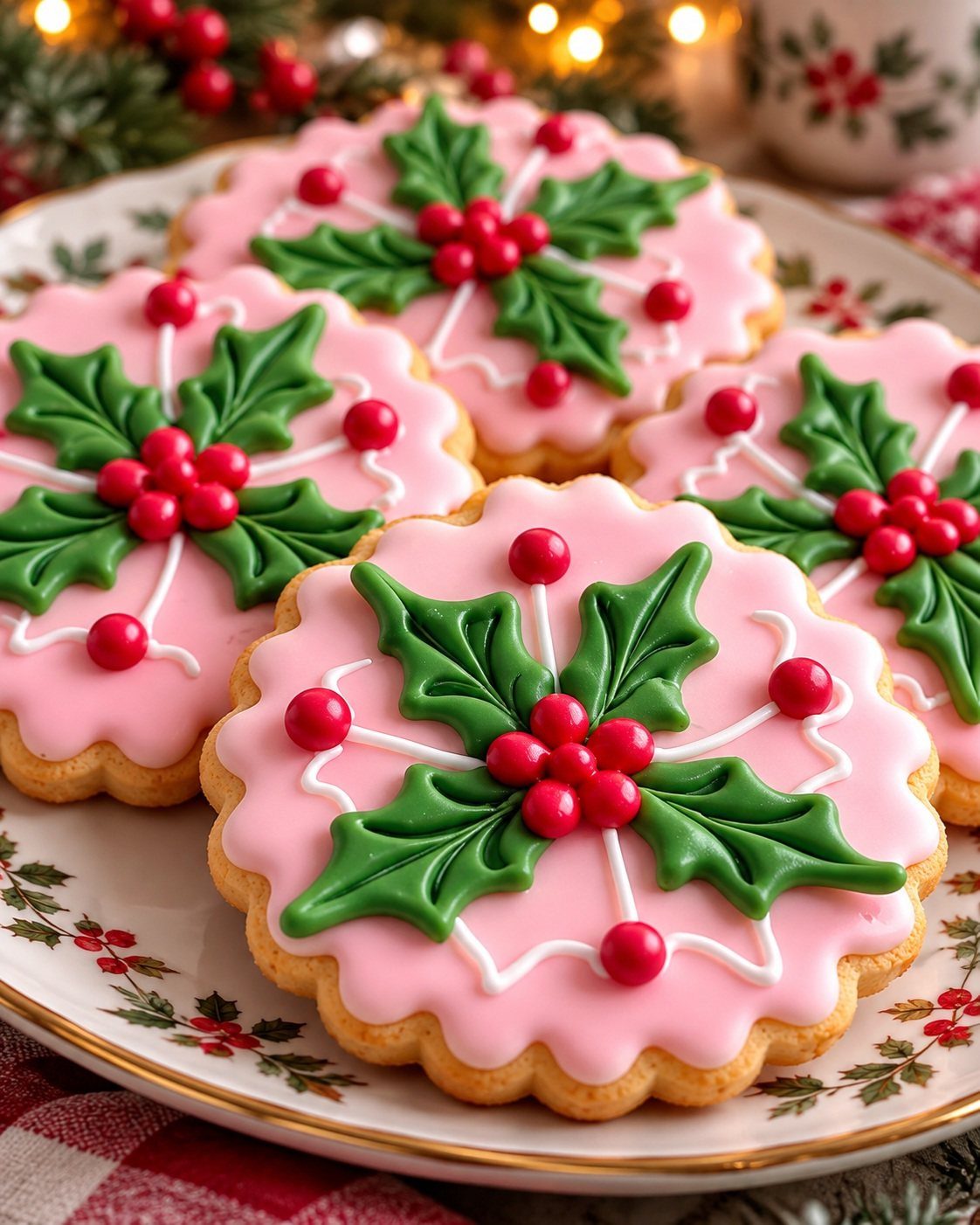 13 Christmas Cookie Decorations Ideas for Your Holiday Baking 13 Decorated pink Christmas cookies with green holly leaves and red berries on a festive plate.