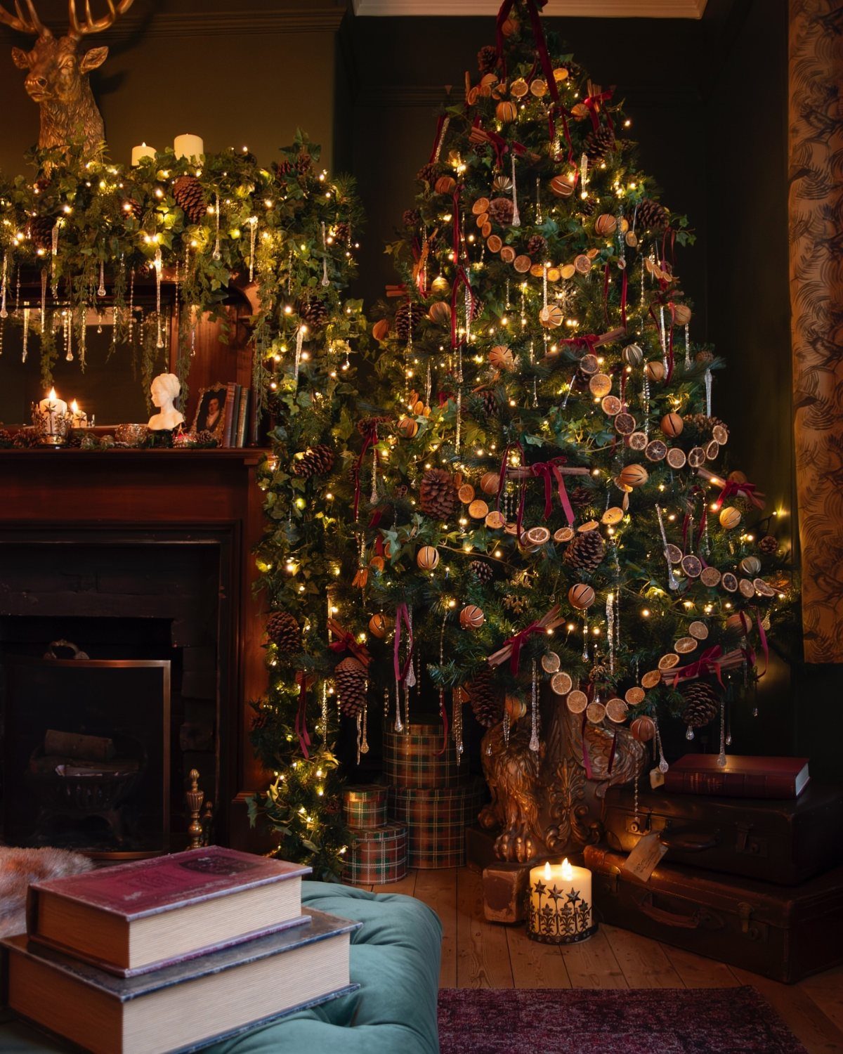 Christmas Decor Aesthetic: 13 Looks to Try This Season 8 A Christmas tree decorated with warm lights, pinecones, and dried orange slice garlands in a dark room.