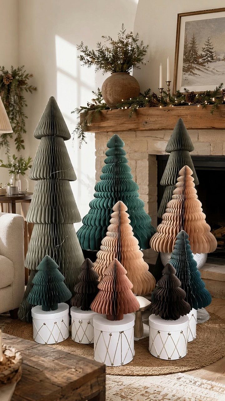 Christmas Decor Aesthetic: 13 Looks to Try This Season 10 Paper honeycomb Christmas trees in green and earthy tones arranged in a living room.