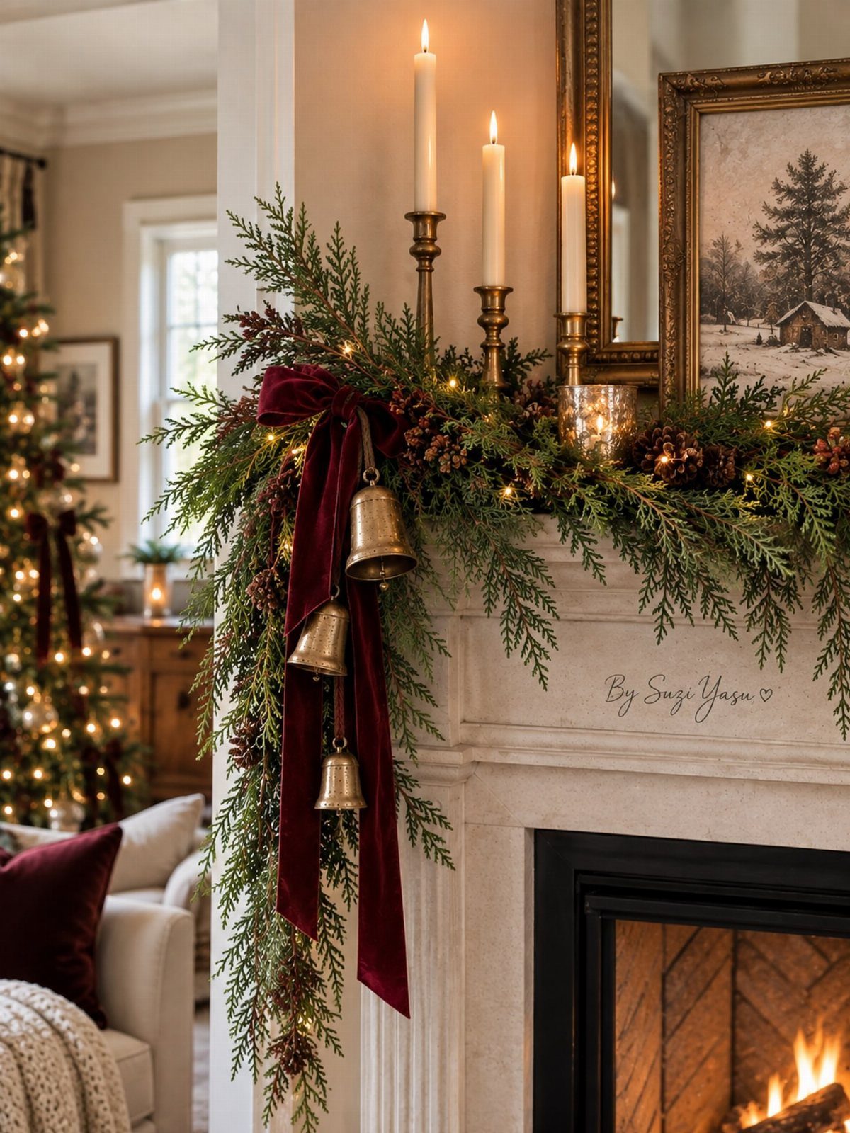 Christmas Decor Aesthetic: 13 Looks to Try This Season 5 Evergreen garland with burgundy velvet ribbon and gold bells decorating a fireplace mantel with lit candles.