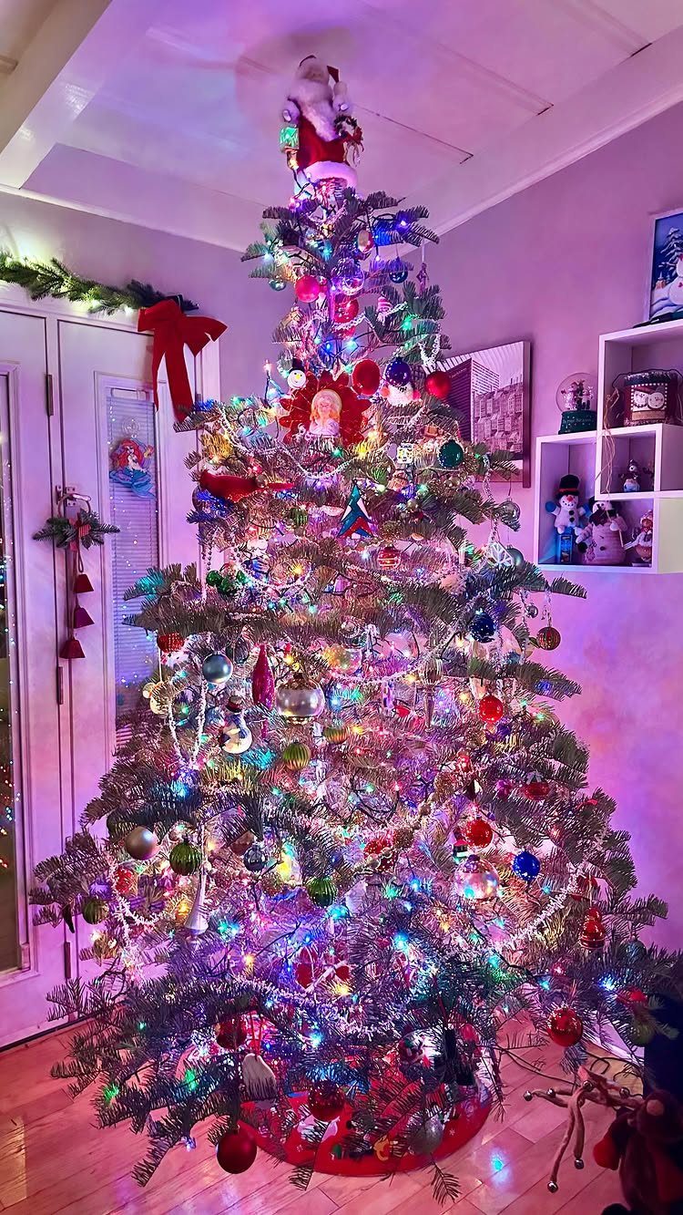 Christmas Decor Aesthetic: 13 Looks to Try This Season 4 A decorated Christmas tree with colorful rainbow lights and silver tinsel in a room.