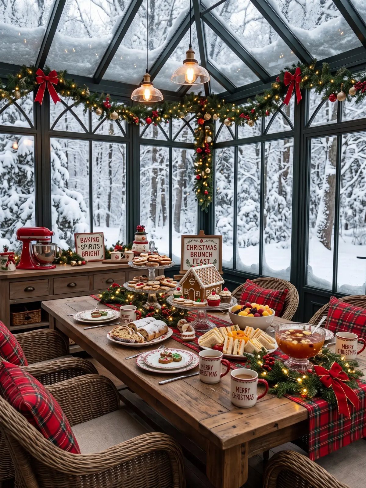 Christmas Decor Aesthetic: 13 Looks to Try This Season 1 A festive dining table set with holiday treats and red plaid decor inside a snowy glass conservatory.