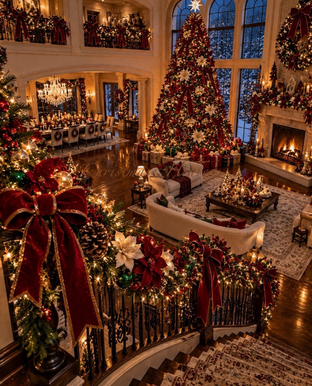 Christmas Decoration House: 6 Spaces to Dress, From Porch to Bedroom 2 A grand living room filled with festive Christmas decorations, including a large tree and red bows.