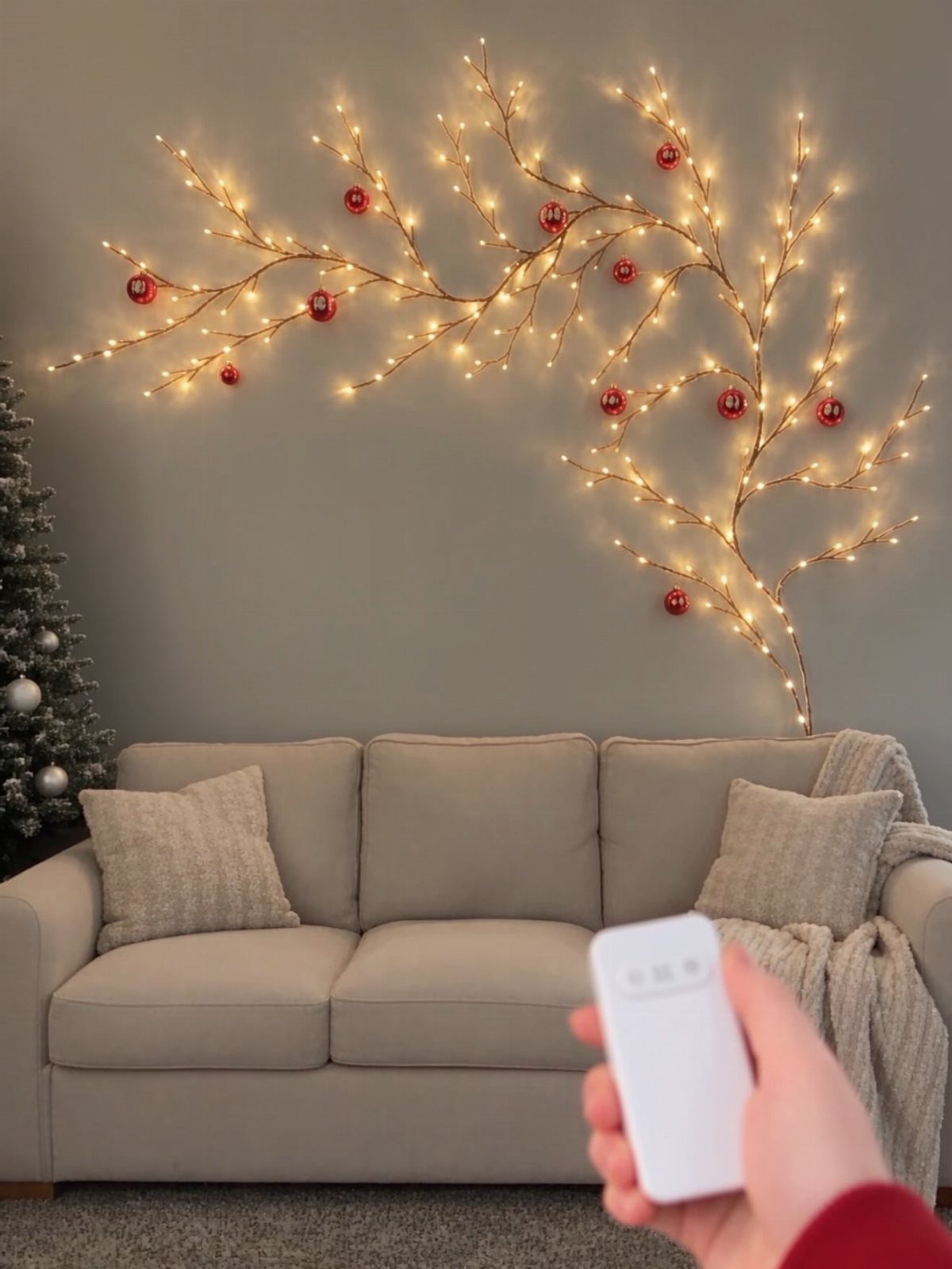 Christmas Decoration House: 6 Spaces to Dress, From Porch to Bedroom 6 Lit branch wall decoration with red ornaments above a beige sofa and a hand holding a remote.