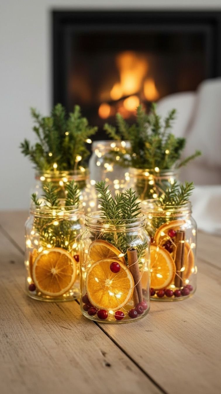 Christmas Dinner and Table Decorations: 9 Ideas for Setting the Scene 3 Mason jars filled with greenery, dried oranges, and fairy lights on a wooden table.
