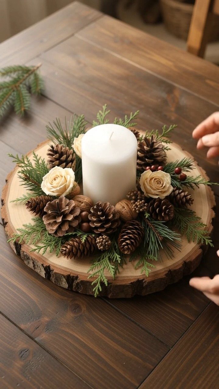 Christmas Dinner and Table Decorations: 9 Ideas for Setting the Scene 5 A white pillar candle surrounded by pinecones, roses, and greenery on a wooden slice.