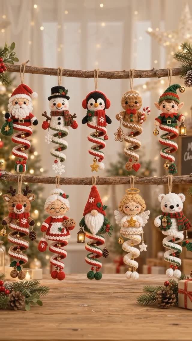 18 Christmas Gift Crochet Ideas for Everyone on Your List 5 Ten different crochet Christmas ornaments hanging from two wooden branches against a blurred festive background.