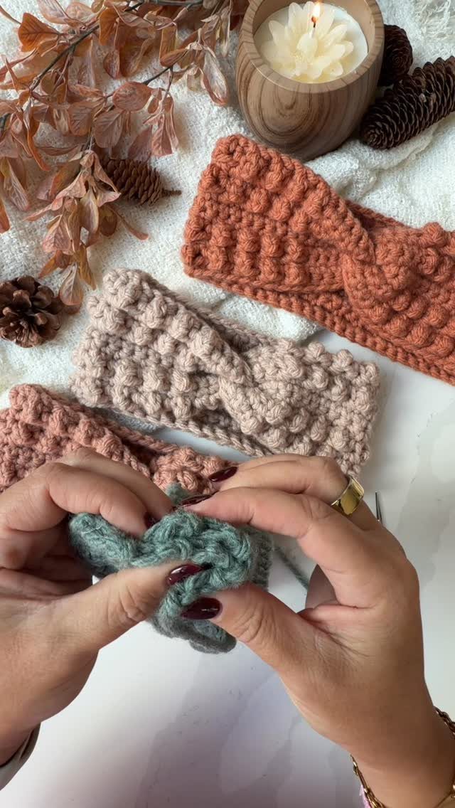 18 Christmas Gift Crochet Ideas for Everyone on Your List 1 Hands crocheting a blue ear warmer near finished terracotta and beige crochet ear warmers.