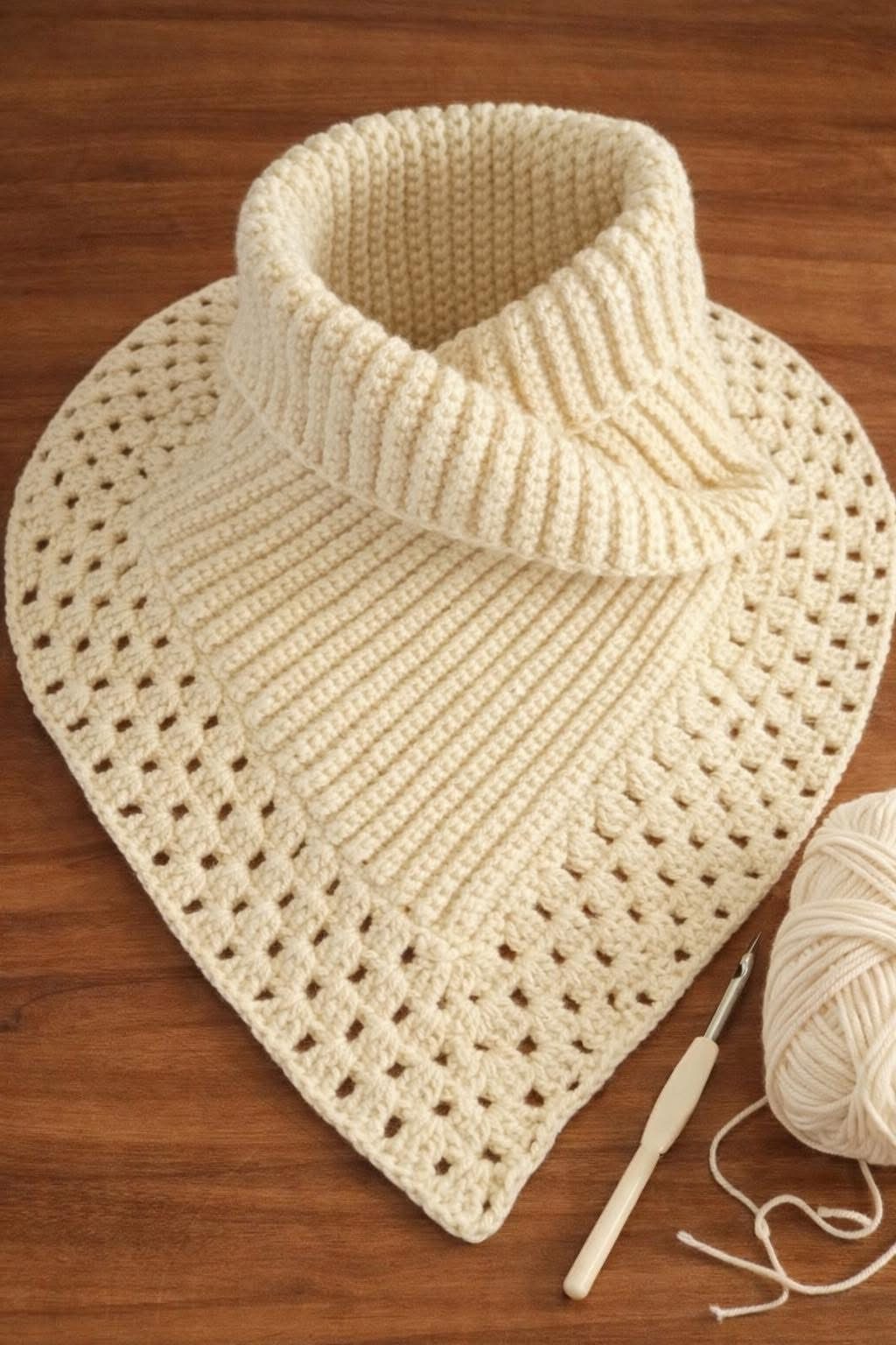 18 Christmas Gift Crochet Ideas for Everyone on Your List 2 Cream crocheted neck warmer with ribbed texture and lace pattern on a wooden surface.