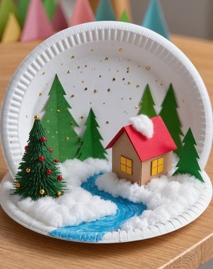 A miniature winter landscape scene built inside a white paper plate with trees and a house.