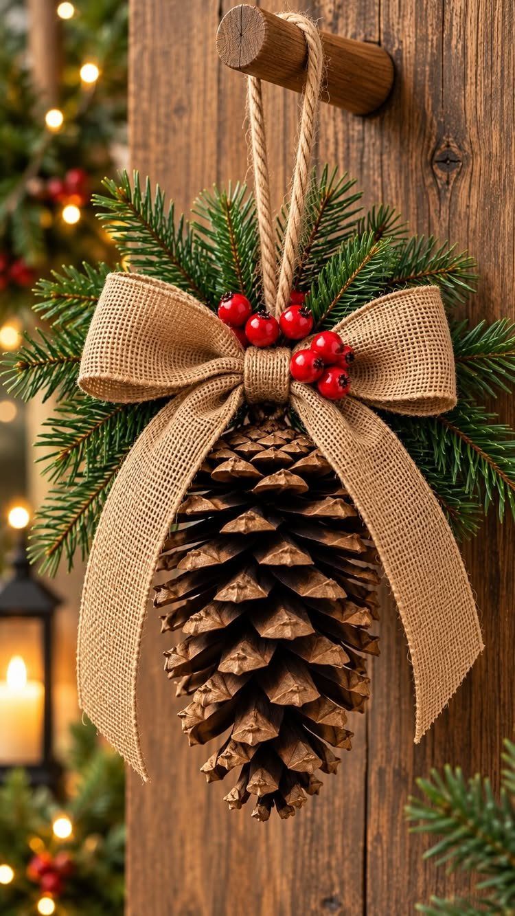 A decorated pinecone ornament with a burlap bow and red berries hanging on wood.