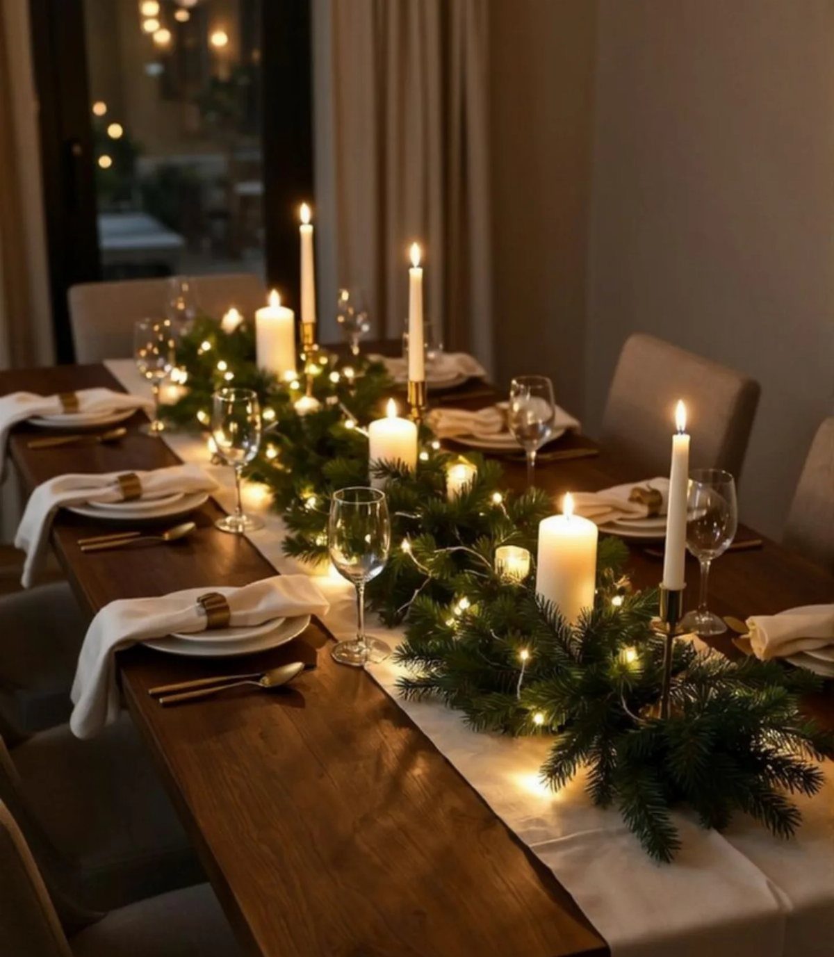 13 Christmas Table Decoration Ideas for Every Style 3 A long wooden dining table decorated with a pine garland, fairy lights, and white candles.