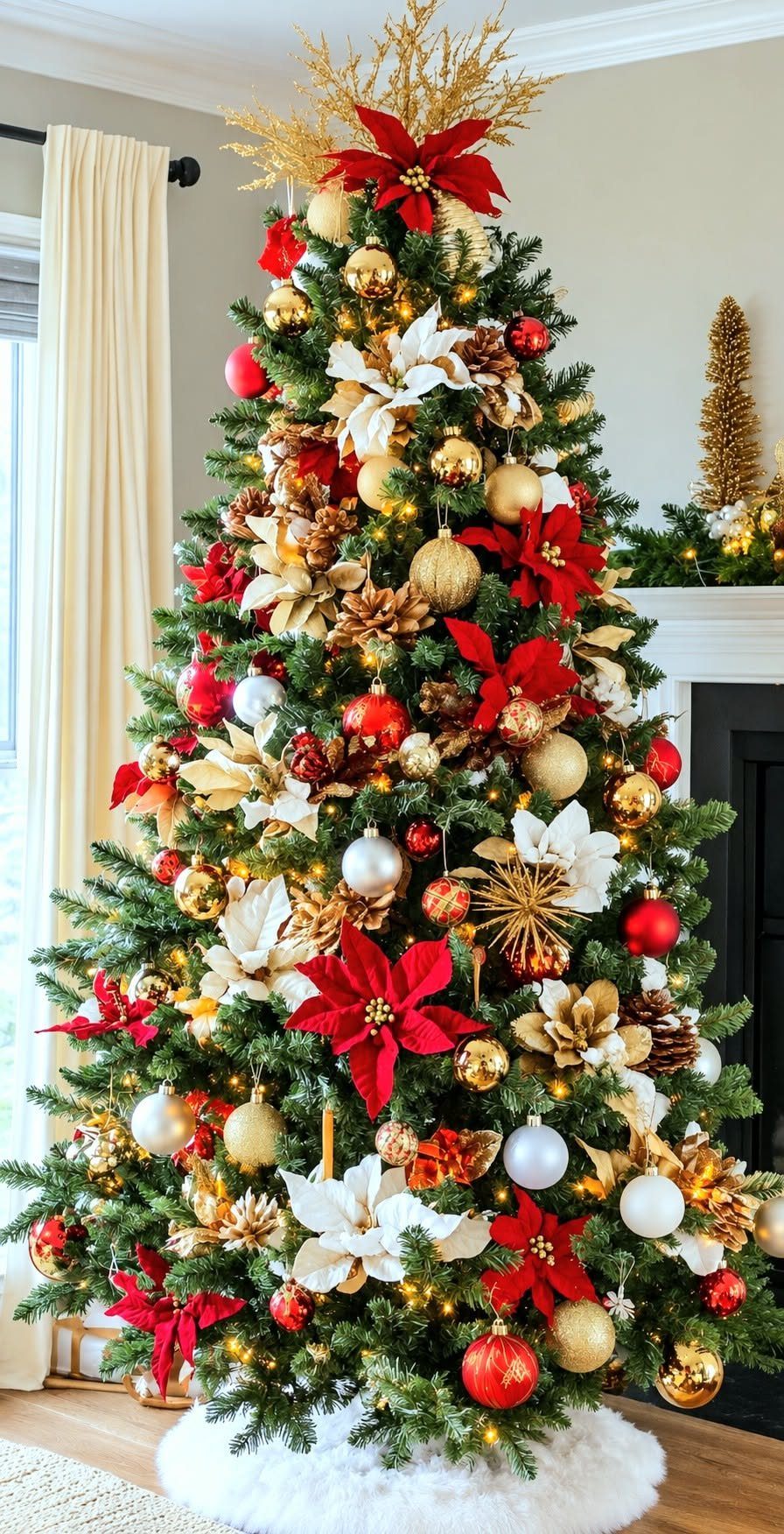 8 Christmas Tree Red and White Gold Decor Ideas for Holiday Elegance 3 Decorated Christmas tree featuring large red and gold ornaments, white poinsettias, and warm lights.