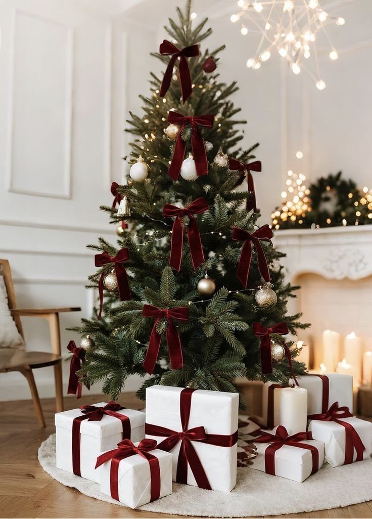 8 Christmas Tree Red and White Gold Decor Ideas for Holiday Elegance 8 Decorated Christmas tree with red velvet bows, gold ornaments, and white wrapped gifts underneath.