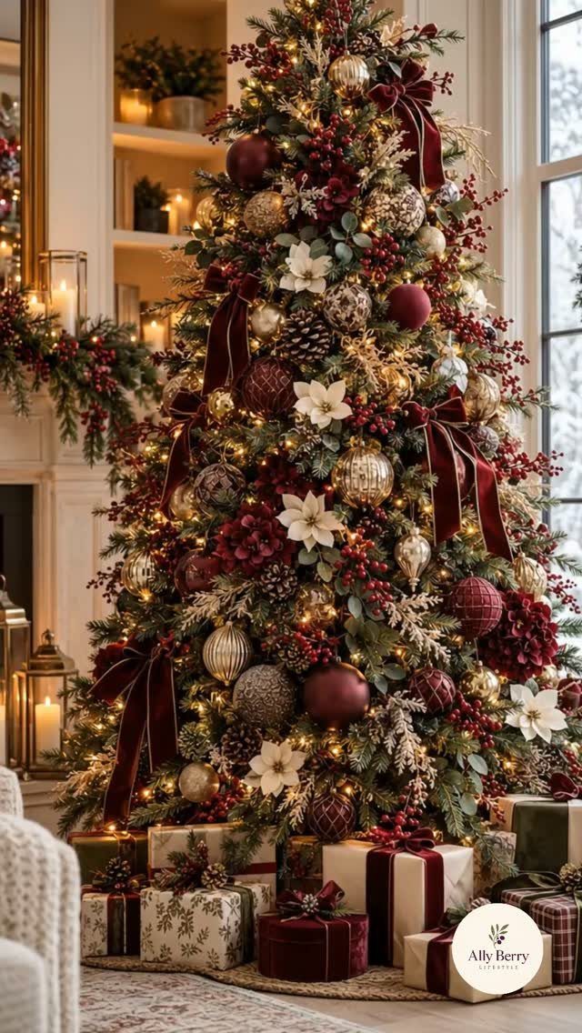 Christmas Tree Ribbon: 18 Styling Ideas That Work 10 Decorated Christmas tree with red velvet ribbons, white flowers, and various ornaments with gifts below.