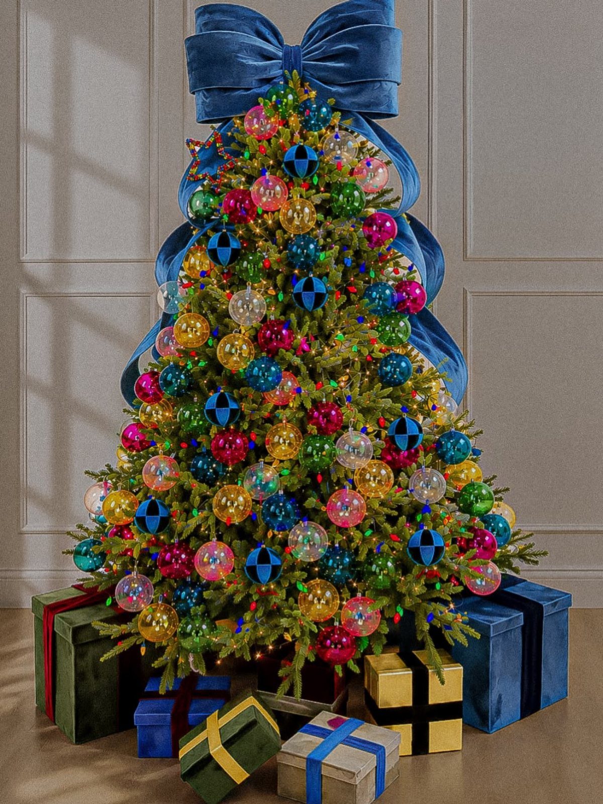Christmas Tree Ribbon: 18 Styling Ideas That Work 18 A colorful Christmas tree decorated with bright ornaments and a large blue velvet bow at the top.