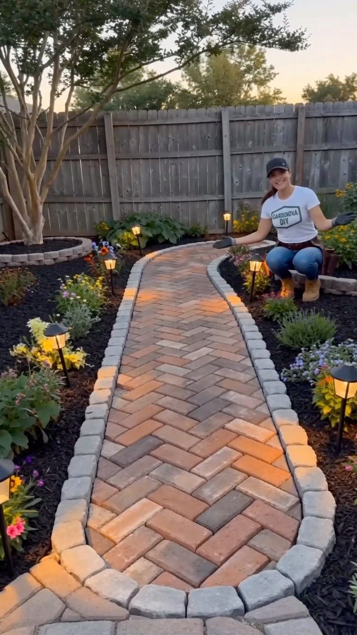 20 Corner Yard Garden Ideas for Any Size Space 10 A curved herringbone brick walkway with stone borders winds through a landscaped garden bed.