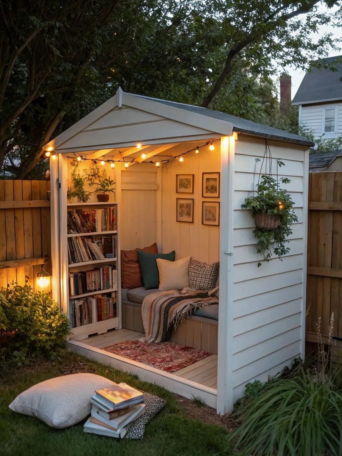 20 Corner Yard Garden Ideas for Any Size Space 19 A white wooden garden shed converted into a cozy reading nook with cushions and books.