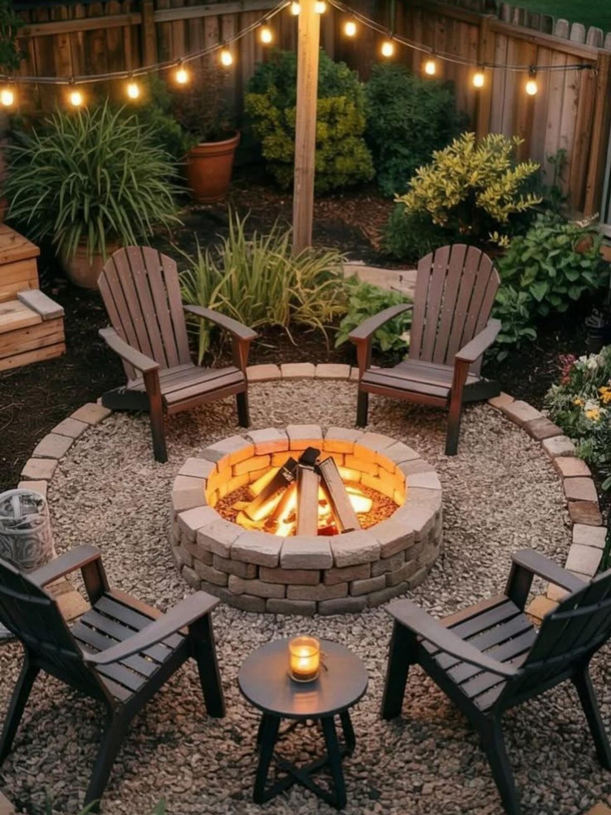 20 Corner Yard Garden Ideas for Any Size Space 2 Four wooden Adirondack chairs arranged around a stone fire pit in a gravel garden corner.