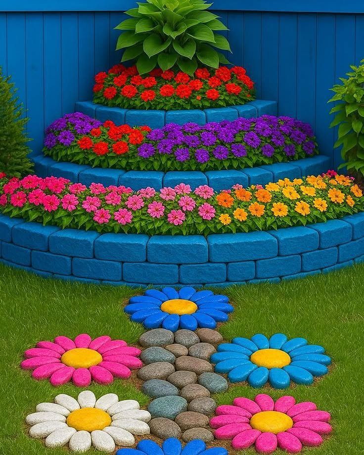 20 Corner Yard Garden Ideas for Any Size Space 9 Tiered blue stone garden beds filled with colorful flowers and stone flower patterns on grass.