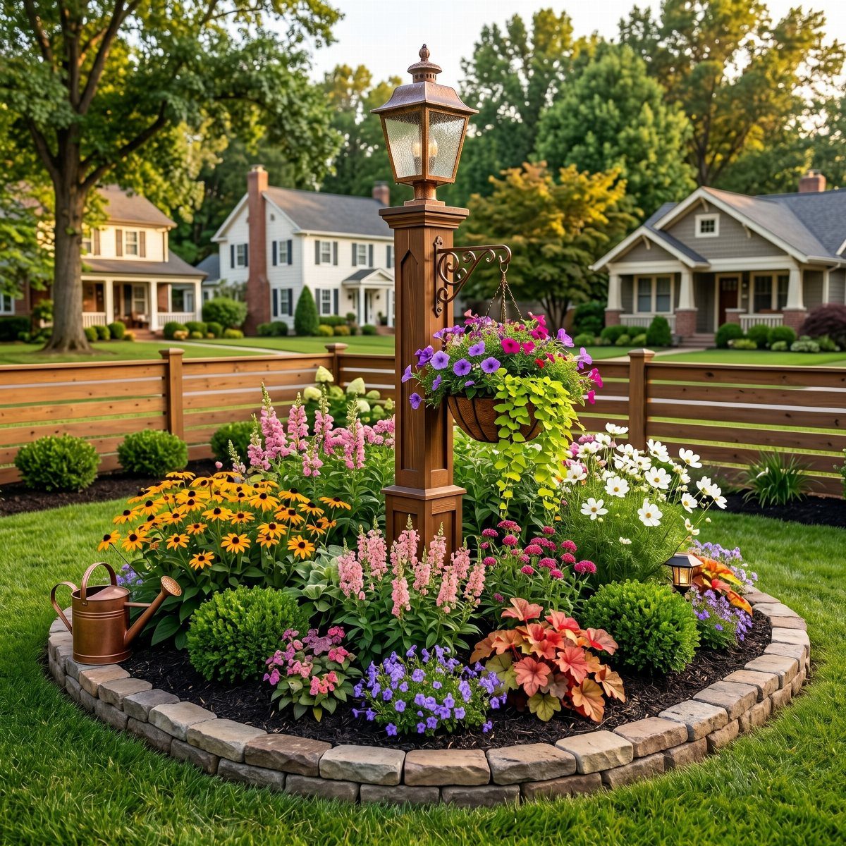 20 Corner Yard Garden Ideas for Any Size Space 14 Colorful flowers and a hanging basket surround a wooden lamp post in a circular garden bed.