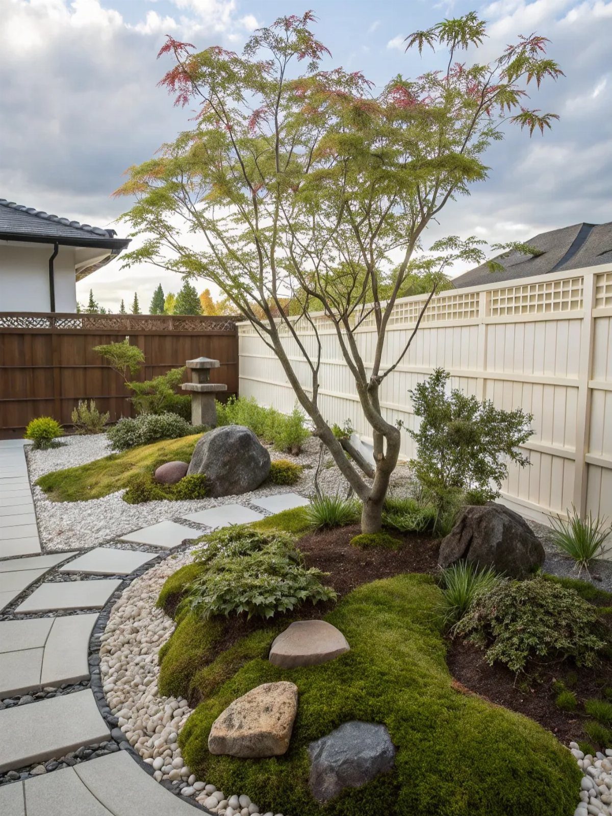 20 Corner Yard Garden Ideas for Any Size Space 13 Japanese maple tree and mossy mounds with rocks in a Zen garden.