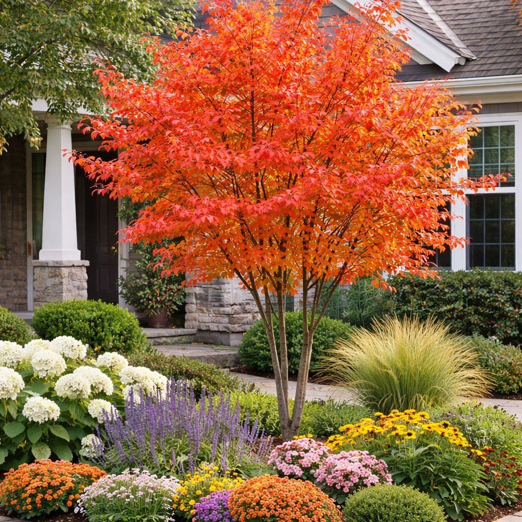 20 Corner Yard Garden Ideas for Any Size Space 18 An orange ornamental tree surrounded by colorful flowers and green shrubs in a garden.