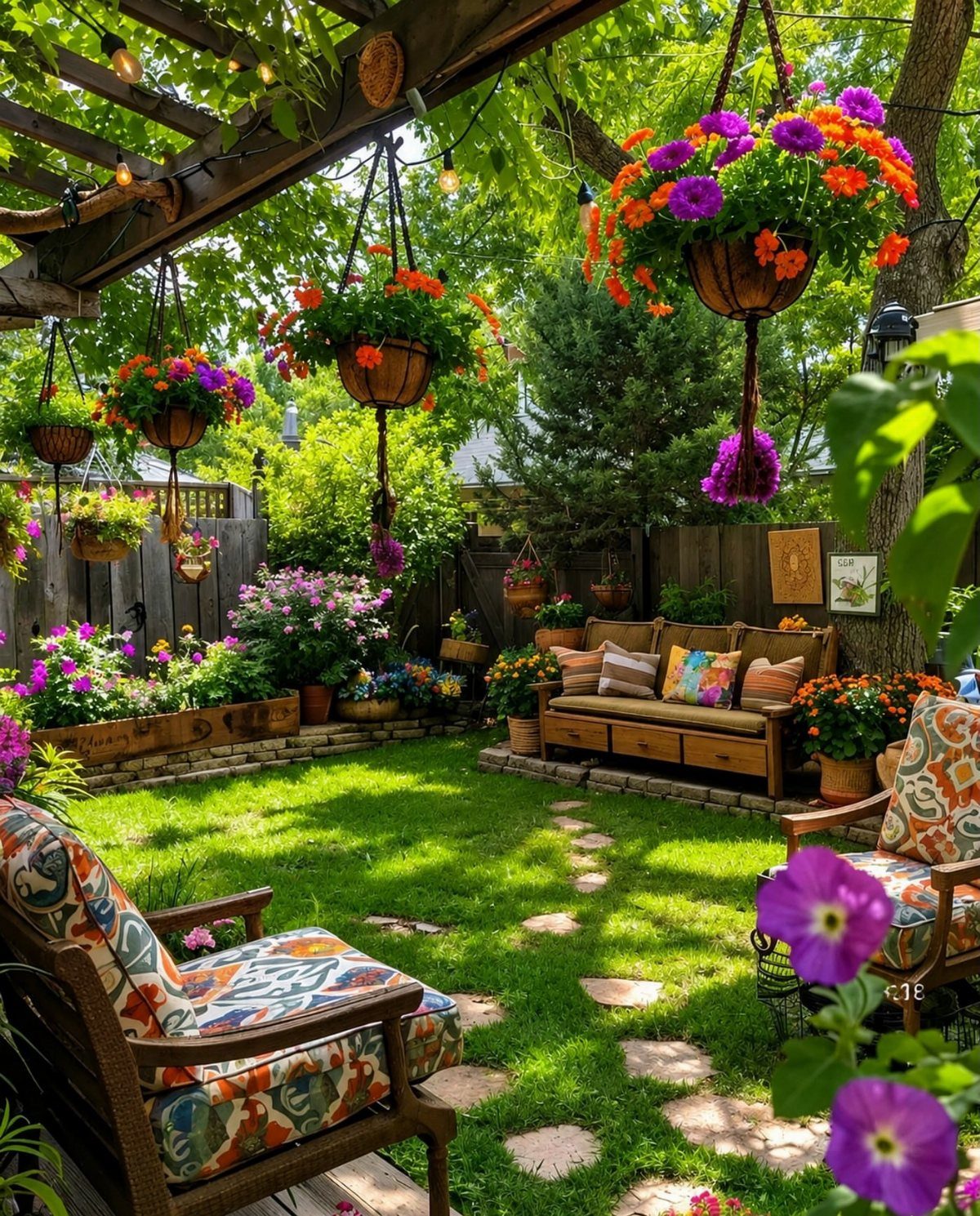 20 Corner Yard Garden Ideas for Any Size Space 7 A cozy backyard corner with a pergola, hanging flower baskets, and comfortable outdoor seating.