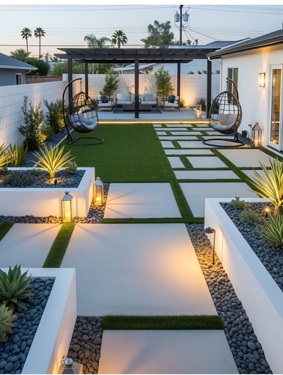 20 Corner Yard Garden Ideas for Any Size Space 5 Modern backyard with a dark pergola, concrete pavers, and hanging egg chairs on a green lawn.